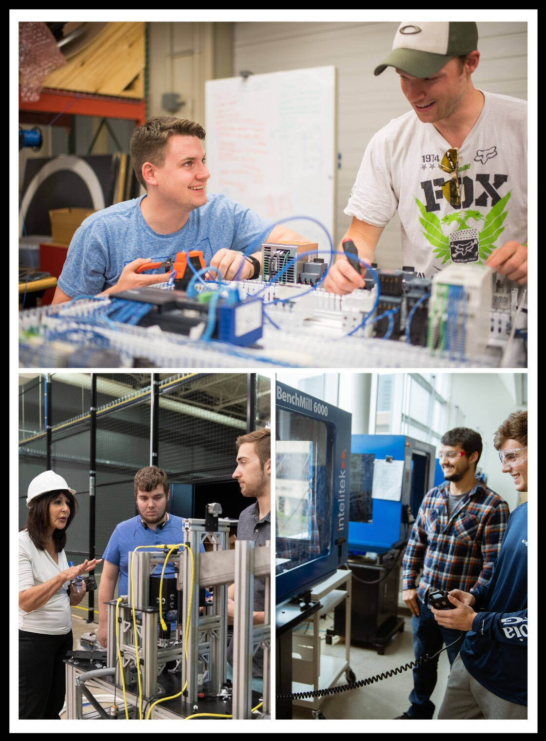 three images showing engineering students working on projects